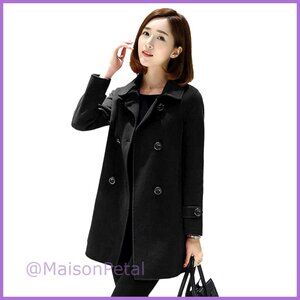 Wool Blend Pea Coat Double Breasted Trench Coat Long Sleeve